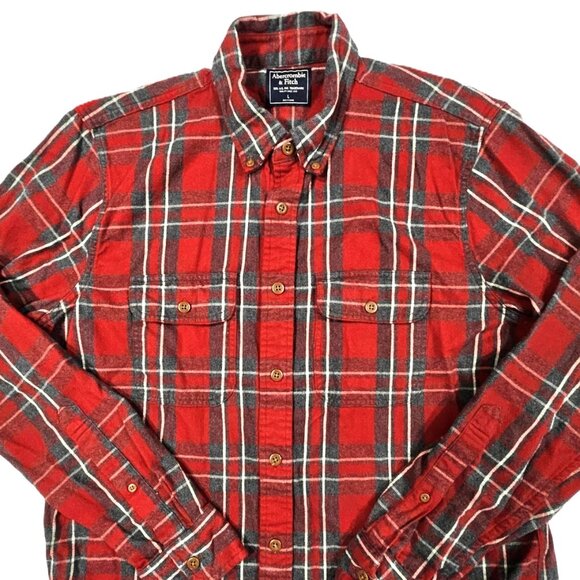 Abercrombie & Fitch Men’s Red Plaid Flannel Button Down Shirt Size Large - Picture 4 of 10
